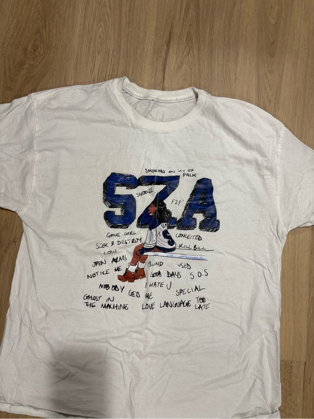 White Graphic Crewneck T-Shirt with Blue Lettering